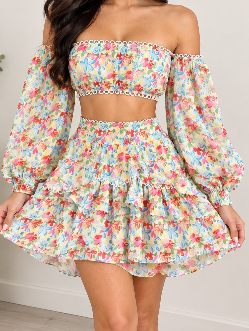 SHEIN Floral Multicolor Tiered Circle Skater Mini Skirt